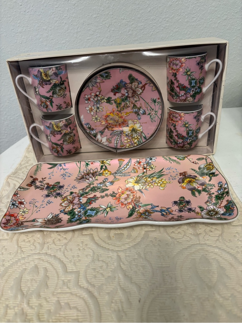 Beautiful Park Chateau Pink Raised Fine Porcelain Floral Tea & Serving Tray NIB